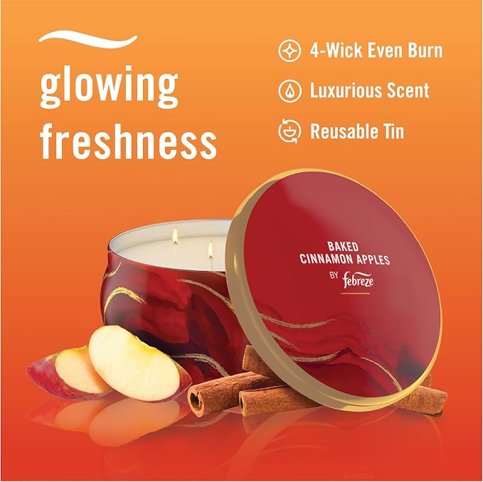 Febreze Scented Candle, Baked Cinnamon Apples Scent, 4 Wick Candle, Reusable Tin, Long Lasting Even Burn, 11oz, Single Pack