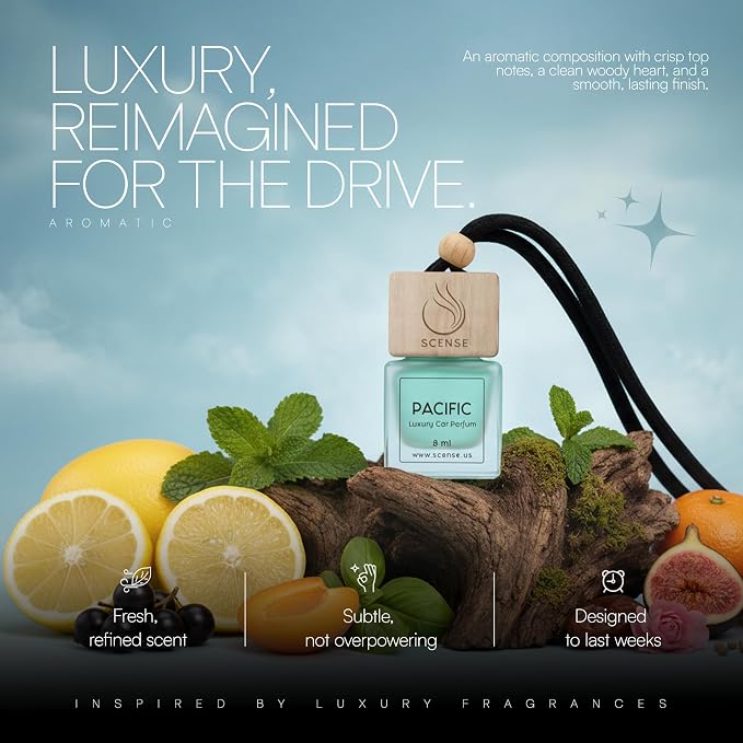 PACIFIC Luxury Car Air Freshener for Men & Women | Perfume Style Car Fragrance Diffuser & Vent Clip | Odor Eliminating New Car Smell Long Lasting Scent Refillable | Premium Car Scent by SCENSE