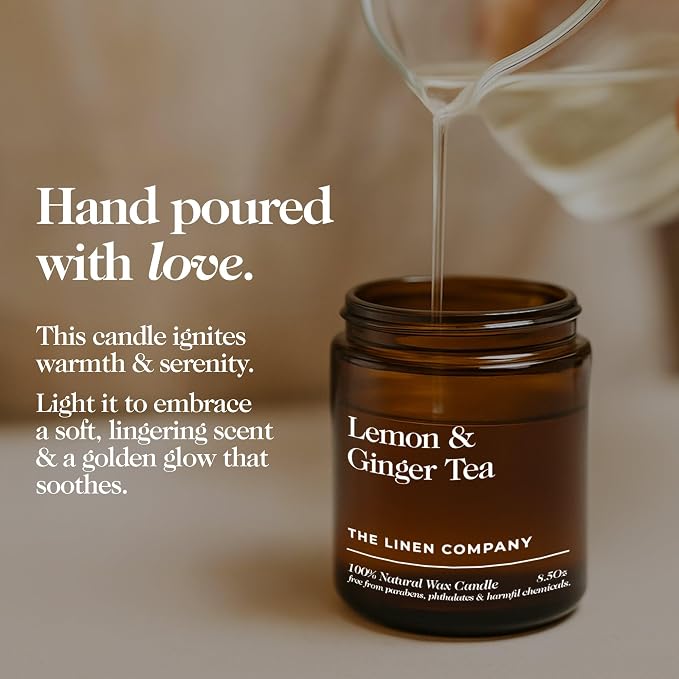 Hand Poured Non Toxic Candles - Lemon & Ginger Tea Fall Candles with Premium Natural Wax - Aromatherapy Scented Candles with Mandarin, Bergamot, Ginger & White Tea Notes - 8.5 Oz, 45 Hrs Burn Time