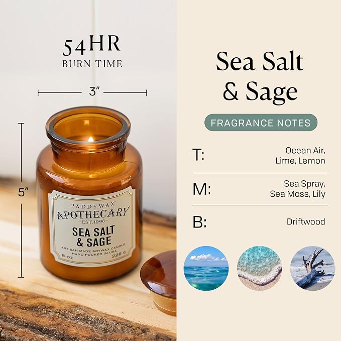 Paddywax Artisan Apothecary Scented Candle with Lid in Reusable Glass Jar, Clean-Burn Soy Candle with Approx. 54 Hour Burn Time, Sea Salt & Sage, 8 oz.