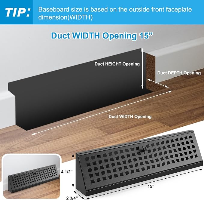 Yaocom 2 Pcs 15 Inch Baseboard Register Duct Opening Size Vent Covers for Home Floor Diffuser Wall Corner Baseboard Air Covers Floor Diffuser Including Screws Easy Installation(Black,Plaid)