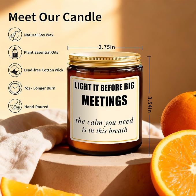 Sweet Orange Candle for Women - 7oz Scented Soy Candle for Stress Relief Before Meetings, 50H Burn Time, Calming Gift for Coworker Friend Funny Birthday Gifts, Thinking of You Gift for Her