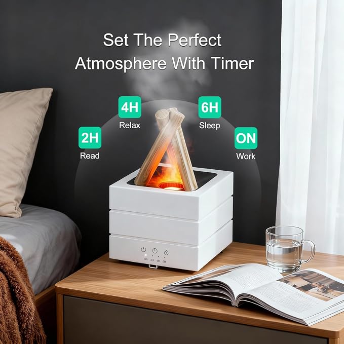 Campfire Flame Essential Oil Diffuser, 280ml Ultrasonic Cool Mist Aromatherapy Humidifier with Remote Control, 7-Color LED Lights, Timer & Auto-Off for Home, Office & Bedroom (White)