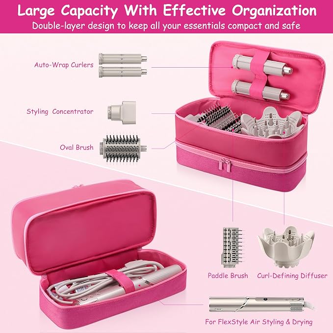 Travel Carrying Case for Hair Dryer for Shark Flexstyle Double-Layer Hair Accessories Tools Storage Bag for Revlon Hairdryer Styler Organizer (P-Pink)