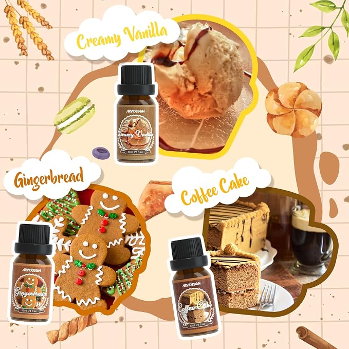 ARVIDSSON Bakery Essential Oils Set, Natural Fragrance Oil for Diffuser, Candle Making - Pumpkin Pie, Snickerdoodle, Gingerbread, Coffee Cake, Creamy Vanilla, Chocolate Cupcake