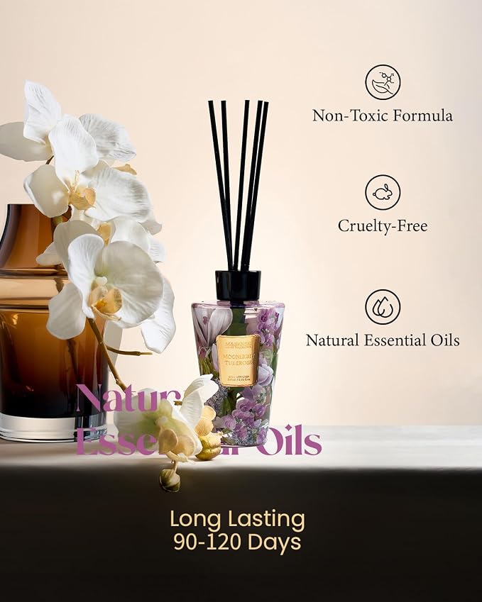 M&SENSE Moonlight Tuberose Reed Diffuser Set - 8.79fl oz Home Fragrance Non-Toxic Essential Oil Diffuser with Sticks, Air Freshner Gifts for Her or Him