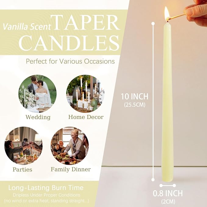 Candlesticks Long Taper Candle,Vanilla Scented 10 Inches Yellow Candle Sticks Smokeless Tapered Candles for Home Décor Holiday Gifts
