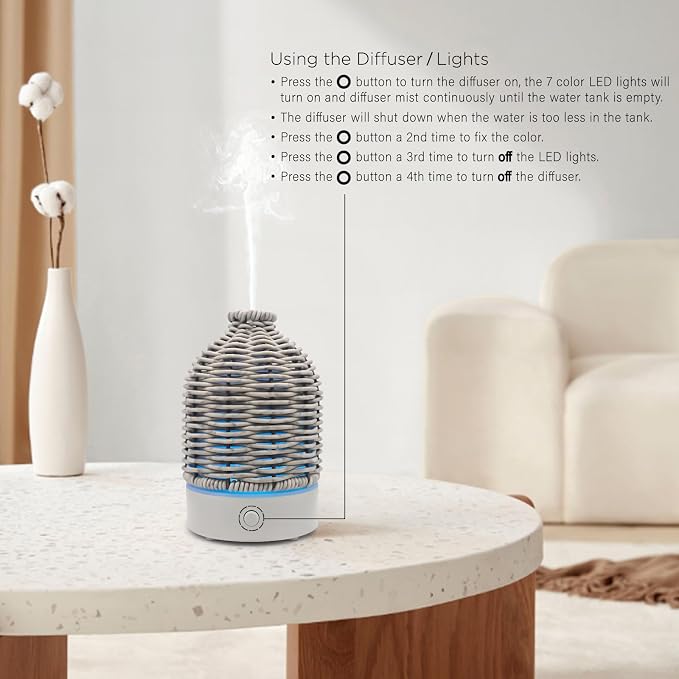 VICTORIA AROMA Essential Oil Diffuser - Multifunction Aromatherapy Diffuser 7 LED Color Changing Light 100ML Rattan Diffuser Easy to Clean Suitable for Home,Office (Grey)