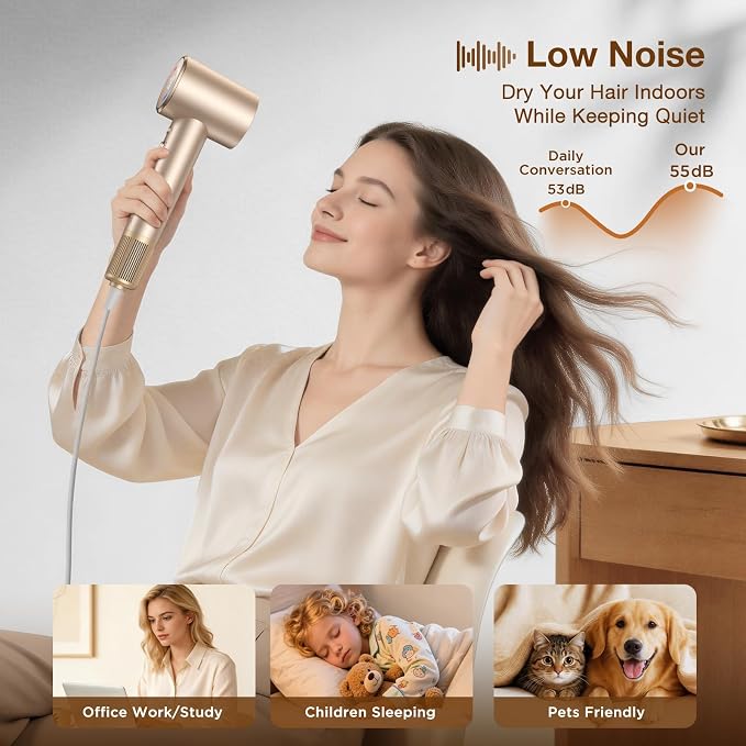 Hair Dryer with Diffuser, Grip-Sensor On/Off High-Speed Blow Dryer for Fast Drying, Ionic Hair Dryer 110000 RPM 1400W 200M for Frizz Reduce, Low Noise Thermo-Control Curly Hair Women Champagne