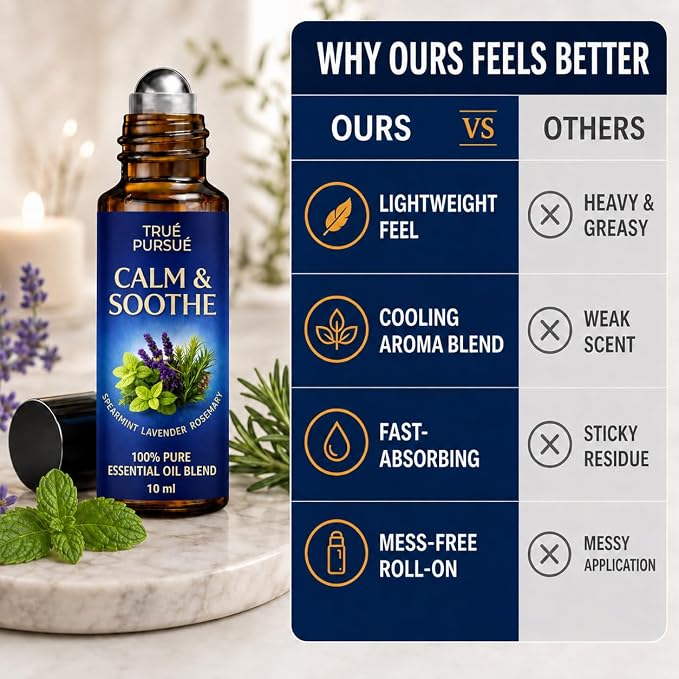 Soothe & Calm Essential Oil Roll On – Frankincense & Lavender Essential Oil Roller – Stress Relief Oil Roll On – 100% Pure Aromatherapy Calming Oils for Anxiety, Migraine & Sleep – 10ml TRUÉ PURSUÉ