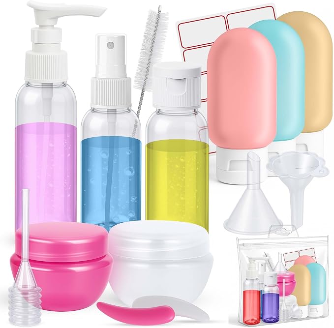 16 Pack Travel Bottles - Travel Essentials for Toiletries - TSA Approved Size - Empty Plastic Bottles with Sticker Sheet, Funnels, Spray Bottle & Carry Bag - For Shampoo, Lotion, Oil & Sanitizer