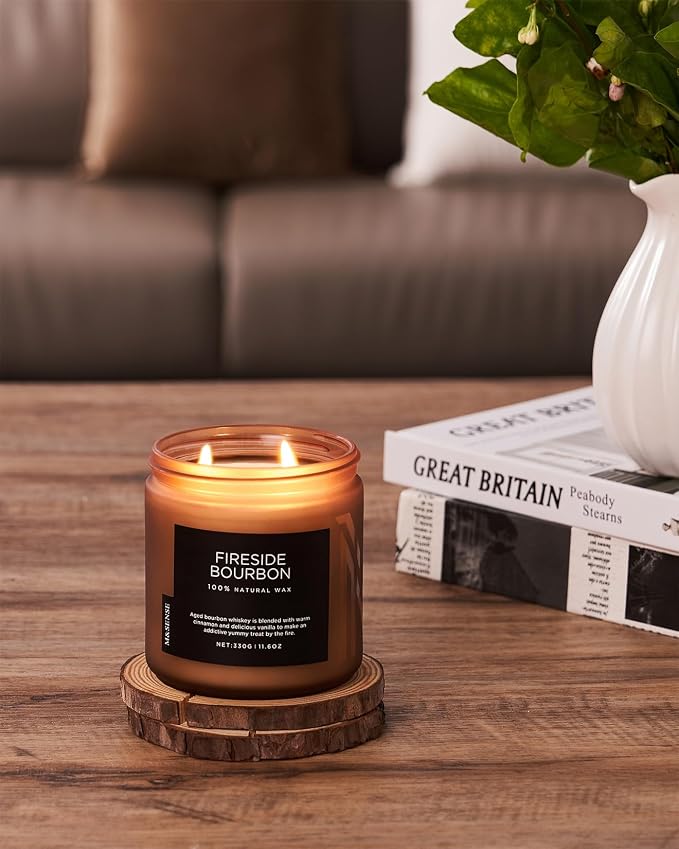 M&SENSE Fireside Bourbon Candles Home Scented, Non Toxic Soy Wax 11.6oz 70 Hours Long Clean Burning, 2 Wick Campfire Candle Cozy Winter Home Decor, Housewarming Gifts for Women Men