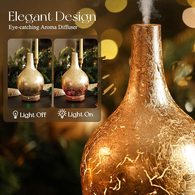 Porseme Gold Plated Essential Oil Diffuser Glass Aromatherapy Ultrasonic Humidifier, Auto Shut-Off,Timer Setting, BPA Free,Aroma Decoration for Home,Office,Gym,Spa,Premium Gift 150ml