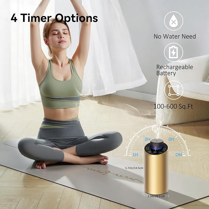 Waterless Essential Oil Diffuser Aromatherapy Scent Diffusers for Home Large Room, Bedroom, Car, Office, Desk, Battery Operated Mini Portable Air Freshener, 3 Countdown Timers & 3 Mist Levels, Gold