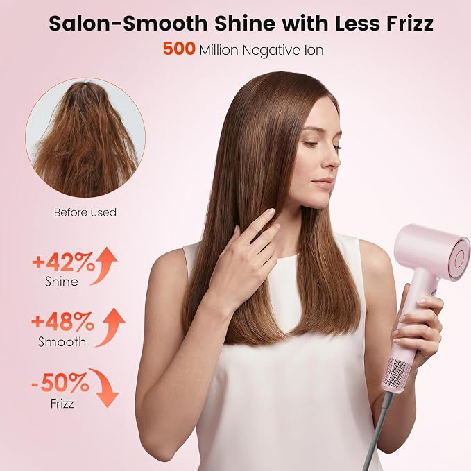 Hair Dryer, 160,000 RPM High-Speed Ionic Blow Dryer with Brushless Motor for Fast Drying, 500 Million Ions Frizz Control, Low Noise Hairdryer with Magnetic Diffuser & Nozzle for Curly Hair Home Travel