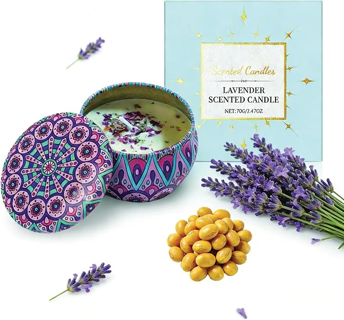 Lavender Scented Travel Candles in Tins Mini - 100% Soy Wax with French Provence Lavender Oil, Aromatherapy Candle for Sleep Aid, Anxiety Relief & Yoga Meditation, Ideal for Bath, Home Decor & Gifting