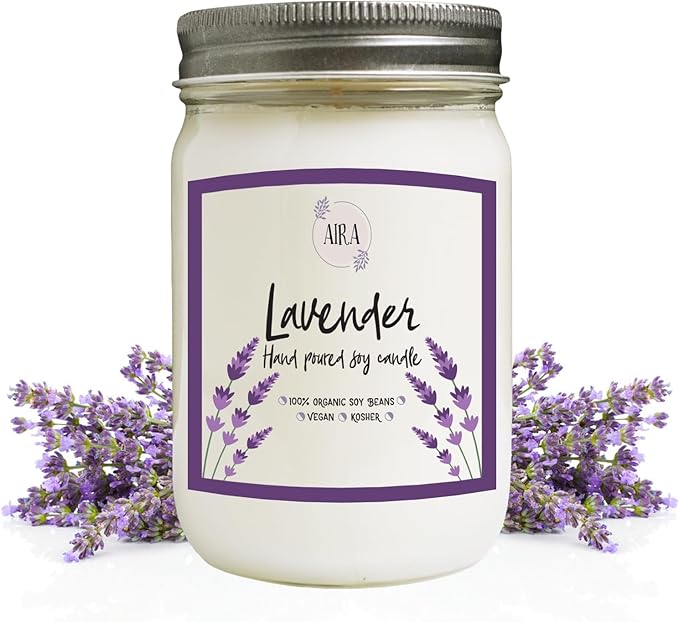 Aira Soy Candle – Pure Lavender – 12 oz Mason Jar – Hand-Poured USA – Long-Lasting Vegan Soy Wax Candle – Relaxing Aromatherapy – Paraffin-Free, Kosher, Cruelty-Free