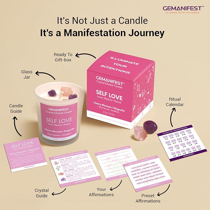 Self Love Manifestation Candle, Cherry Blossom & Magnolia Scented Soy Candle with Rose Quartz & Amethyst, Valentine's Gift for Her/Him, Women's Wellness & Spiritual Healing