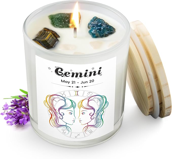 Gemini Gifts for Women, Zodiac Gemini Candle with Healing Crystals, Astrology Birthday Gifts for Women, Mom, Sister, Friends, Meditation, Yoga, Relaxation (7oz)
