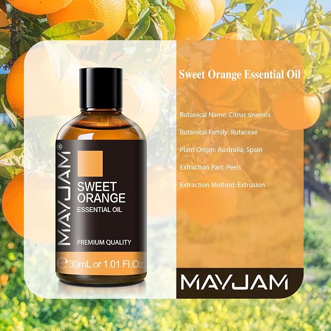 Sweet Orange Essential Oil 30ML/ 1.01FL.OZ, MAYJAM Pure Aromatherapy Sweet Orange Oil for Massage, Diffuser, Soap Making, Long Lasting Scents