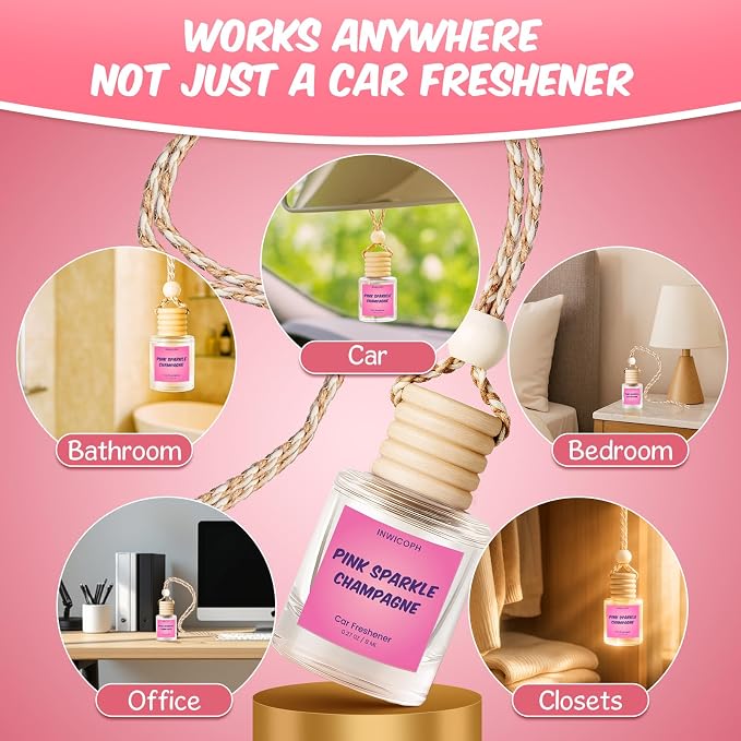 Premium Car Air Freshener Diffuser Set (2 Pack) - Pink Sparkle Champagne Fragrance Oil, 45+ Day Long-Lasting Hanging Auto Freshener