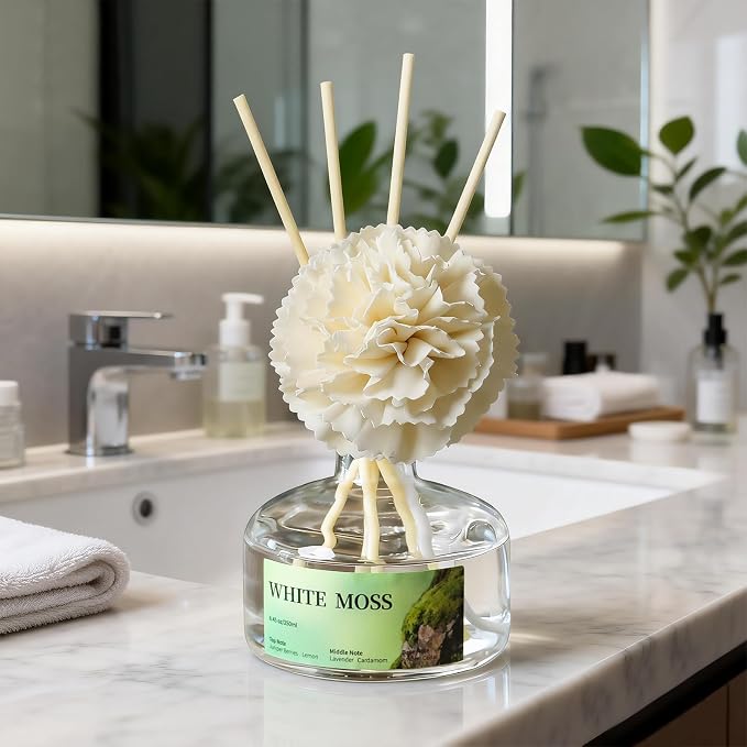 8.45 oz White Moss Scent Diffusers with 6 Reed Sticks,250ml Reed Diffuser for Bathroom Room Air Freshener, Last up for 50 Days