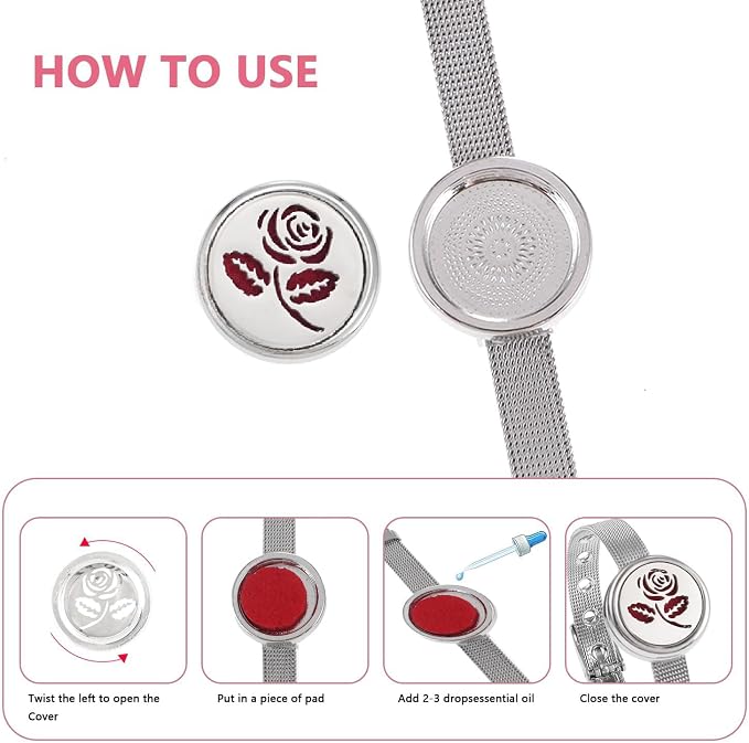Essential Oil Diffuser Bracelet with Gift Box Aromatherapy Locket Adjustable Stainless Steel Rose Watch Chain Bracelet with 10 Pcs Refill Pads for Women