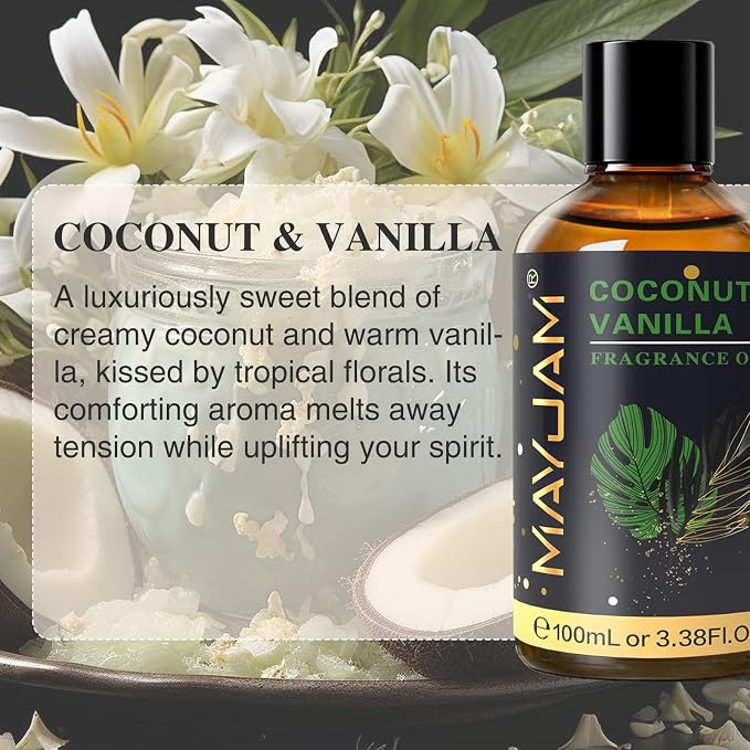 MAYJAM 100ML/3.38FL.OZ Coconut & Vanilla Fragrance Oils with Glass Dropper, Essential Oils for Diffusers for Home, Long Lasting Scented Oils for Diffusers Soap Candle Making