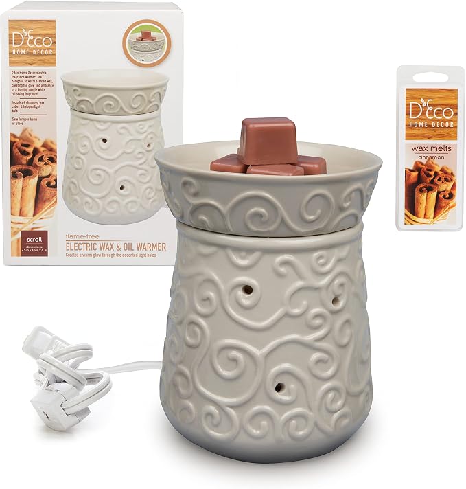 D'Eco Fragrance Wax Melt Warmer - Electric Scented Tart & Candle Warmer w 4 Cinnamon Cubes- Plug-in Halogen Bulb Melts Cubes & Fills Room w Fresh Scents & Night Light Glow- Holiday Xmas Must Have Gift