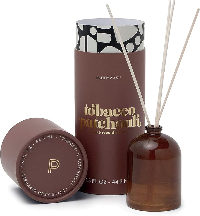Paddywax Petite Reed Diffuser Set with Wooden Reeds, 720 Hour Long Lasting Home Fragrance Oil Diffuser, Decorative Milky Glass Bottle, Tobacco Patchouli Scent, Brown, 1.5 oz