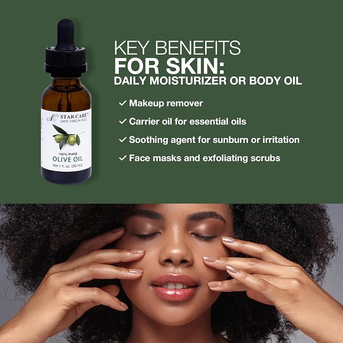 100% Pure Olive Oil for Hair, Skin and Nails 1 fl oz (30ml) Extra Virgin Unrefined Olea Europaea Oil with Dropper Deep Moisturizer Anti-Aging Body Oil & Scalp Treatment