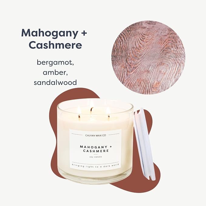 Calyan Wax Co. Mahogany & Cashmere 3 Wick Scented Candle - 43 Hour Burn - Luxury 3 Wick Soy Candles - Clean Soy Wax Candles - Long Lasting Large Glass Jar Candle for Home - 14.9oz