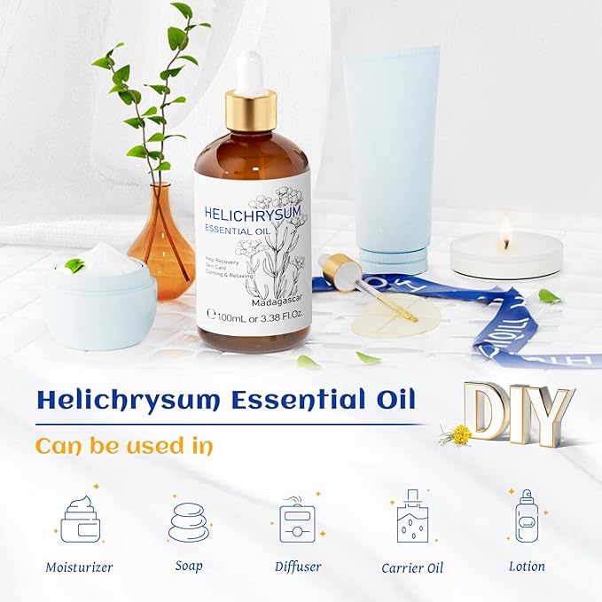 HIQILI Helichrysum Essential Oil for Skin Nourish, Relieve Fatigue in Body Massage, Reduce Fine Line and Wrinkle, Aromatherapy Diffuser, DIY Floral Scented Gift -100ML