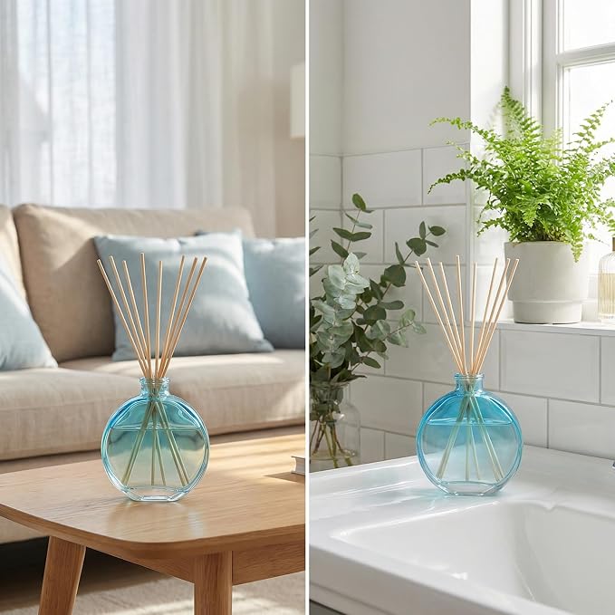 1 Pack 150ml/5oz Flat Round Blue Glass Reed Diffuser Bottles, Refillable Aromatherapy Essential Oil Bottles for Bathroom, Home & Office Decor