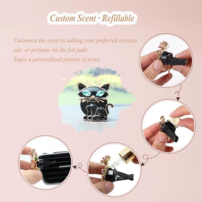 ORIESSE Cat Car Accessories 2pcs Black Cat Car Air Freshener Vent Clips Black Interior decoration for Women Teens Refillable Essential Oil Diffuser Bling Rhinestone