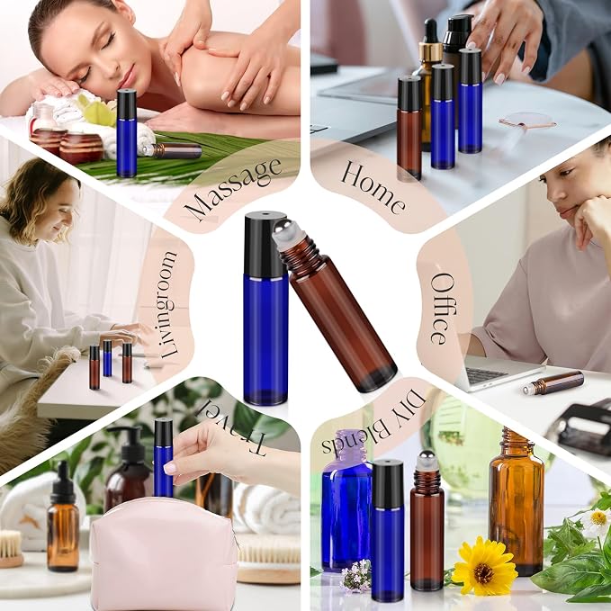 10ml Roller Bottles for Essential Oils, 4 Pack Glass Roll on Bottles, Refillable Perfume Bottle, with Stainless Steel Roller Balls, 2 Droppers, 1 Opener, Labels (Amber+Blue)