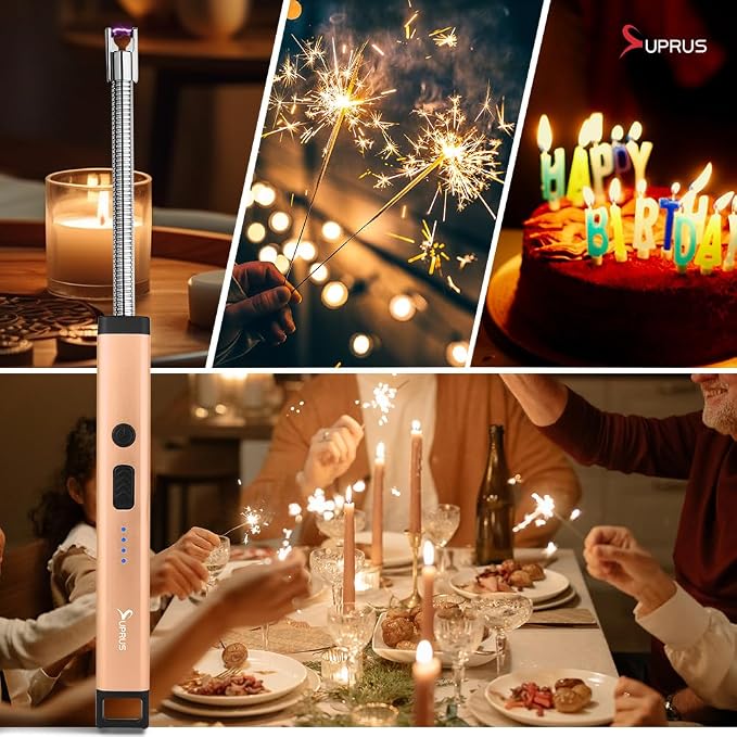 SUPRUS Rechargeable Candle Lighter Electric Arc Triple Safety Long Lighter Stainless Steel Shell & Hanging Hook (Peach Fuzz)