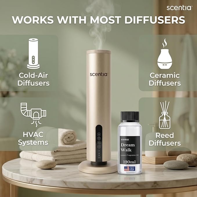Scentia Dream Walk Diffuser Oil Refill – Hotel Fragrance Oil Inspired by 5-Star Spa Resort – 120 mL – White Tea, Cedarwood & Amber Long-Lasting Scent for Ultrasonic & Waterless Diffusers, Made in USA