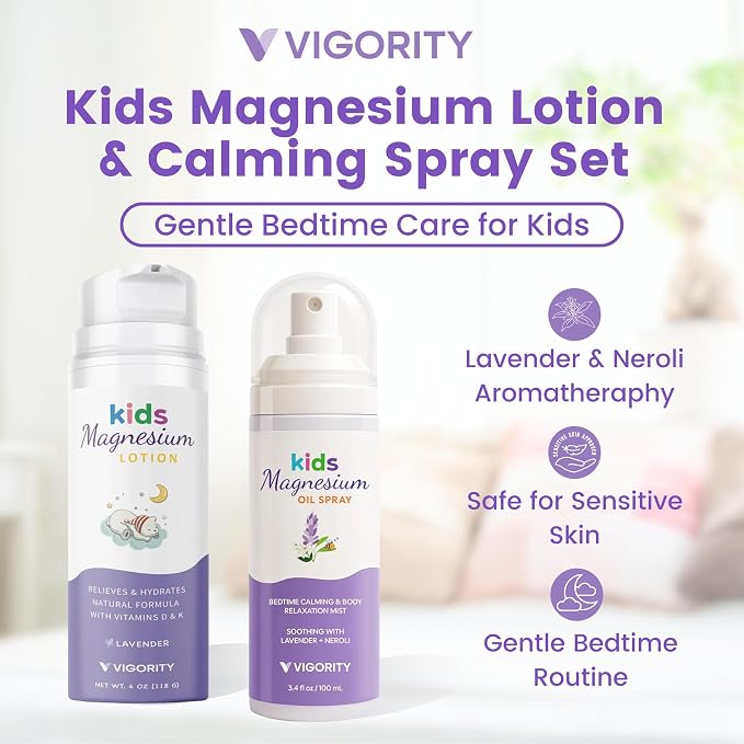 Kids Magnesium Lotion & Magnesium Sleep Spray Set - Calming Lavender Magnesium Oil Spray for Kids Bedtime + Soothing Body Lotion for Nighttime Legs & Feet Comfort, Aromatherapy Lavender & Neroli