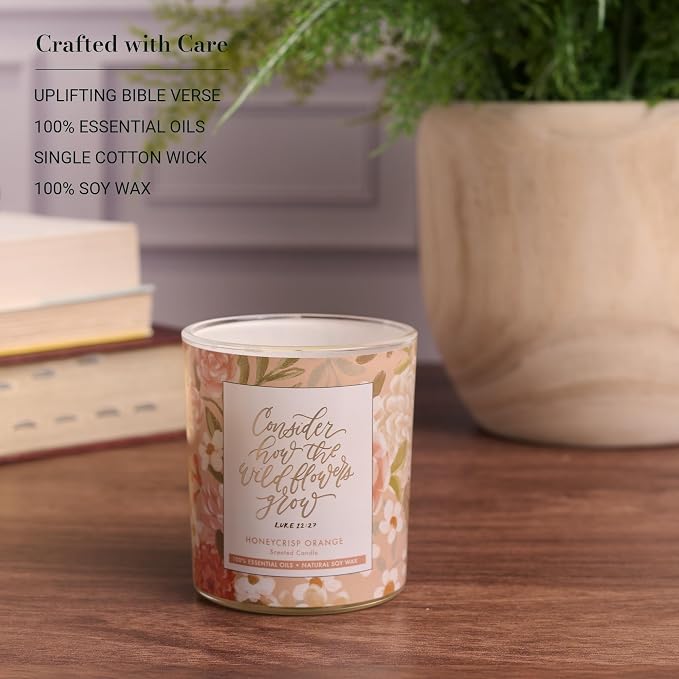 Christian Art Gifts Soy Wax Scented Candle: Honeycrisp Orange Scent, Wildflowers Grow Bible Verse, Pure Essential Oils, 4.5 oz, Up to 20 Hours Burn Time, Glass Jar w/Bamboo Lid, Encouragement Gift