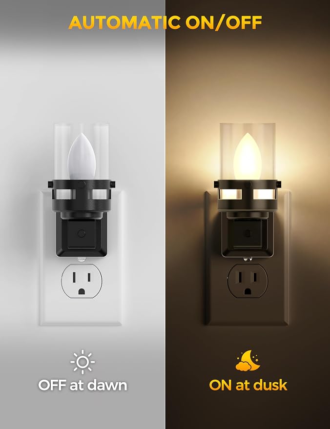 Briignite Candle Night Light Plug in [2 Pack], Vintage Night Lights Plug into Wall, LED Night Light with Dusk to Dawn Light Sensor, 3000K Warm White Candle Nightlight for Kids Hallway Bathroom Bedroom