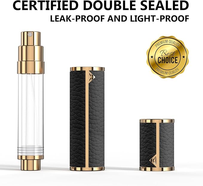 8ML Travel Perfume Refillable Atomizer, Mini Genuine Leather Cologne Sprayer, Protable Pocket Size Empty Fragrance Spray Bottle (Black)