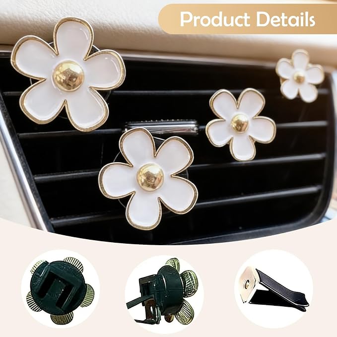 4Pcs Cute Daisy Flowers Car Air Freshener Vent Clips, 4 Sizes Sparkle White Flower Car Diffuser Clips, Refillable Girly Car Accessories for Women