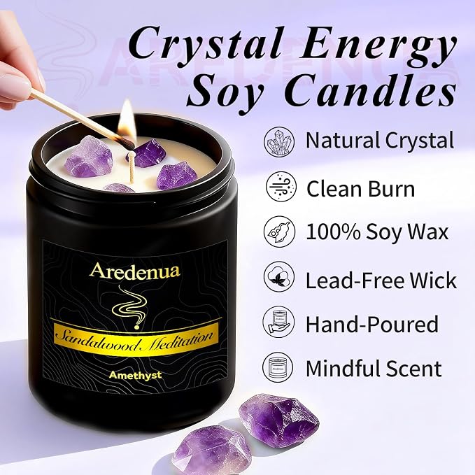Candle for Meditation and Spiritual Practice - Sandalwood Aromatherapy Candle with Amethyst Healing Crystal, Natural Soy Wax Scented Candle for Yoga Mindfulness, 7oz Long Lasting, Zen Gift