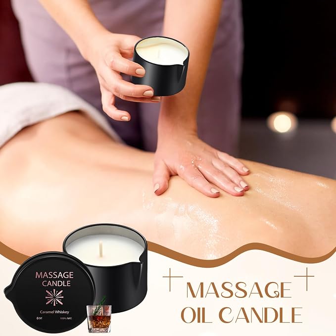 Nuanchu 2 Pcs 2.35 oz Massage Oil Candle, Ignite Low Temp Scented Body Oil Candles for Massage Therapy Soy Based Mother's Day Home Gift Spa Use, Caramel Whiskey