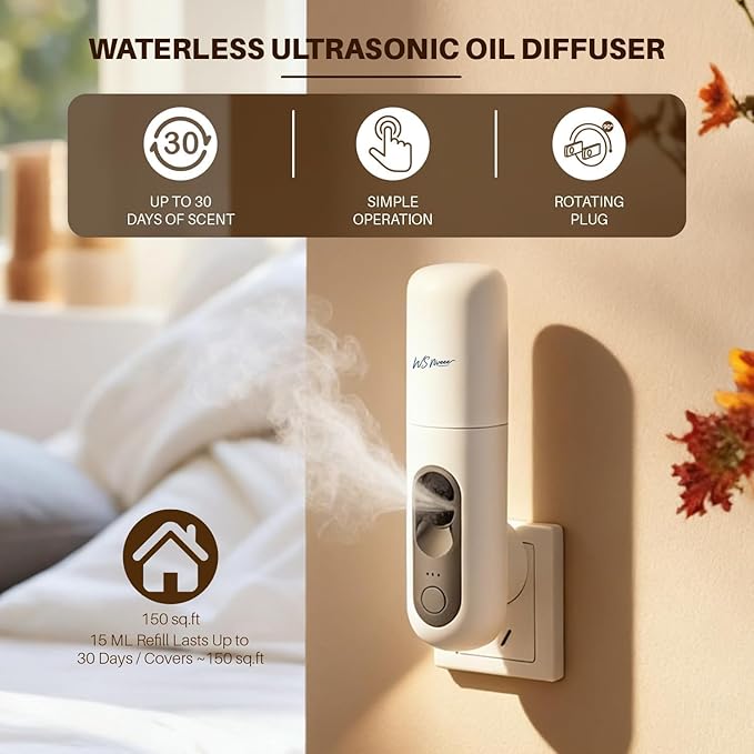 Waterless Essential Oil Diffuser Plug in wall, Automatic Home Frangrance Diffuser for Bedroom Bathroom Kitchen, 25dB Ultra-Quiet Aroma Diffuser, Works with Most Essential Oils and Pure Aroma Oil