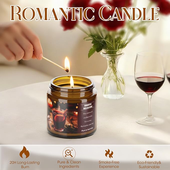 Mulled Wine Plums Candles for Romantic Gifts, 20 Hours Burn Soy Candle Gift for Women Stress Relief, Meditation, Yoga, Relaxing, Natural Soy Wax for Men and Women, 4oz