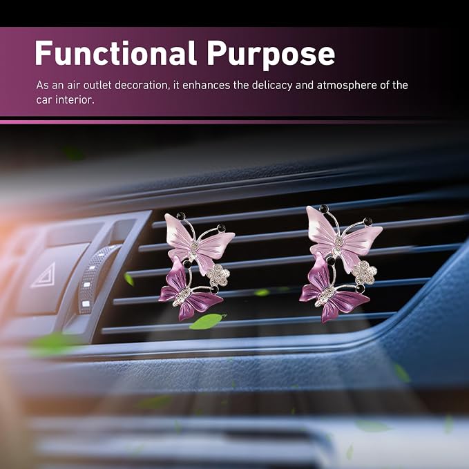 4 PCS Dual Butterfly Car Air Vent Clips, Car Air Vent Shimmering Rhinestone Butterfly Decoration Clips, Smell Diffuser for Horizontal Vertical AC Export, Universal for Most Vehicles (Purple)