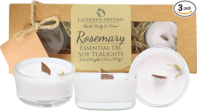 Rosemary Scented Essential Oil Tealight Candle Gift Set of 3, Hand Crafted Soy Wax Candles Wooden Wick Dried Flowers, 12 Hour Burn Time, Natural Aromatherapy Glass Cup Tea Lights by Lathered Artisan