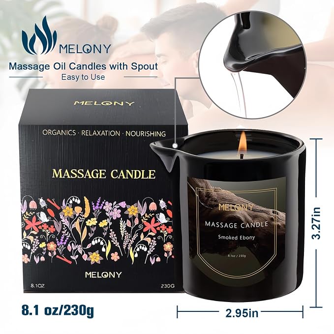 MELONY Luxury Massage Candle, Smoked Ebony, 8.1OZ | Moisturising, Body Oil Candles, Muscle Relaxation, Home Spa